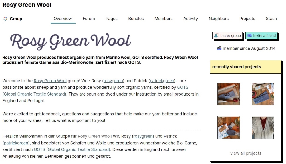 Main page of the Rosy Green Wool Group on Ravelry